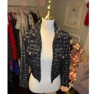 Sincerely Jules Black Silver Plaid Cropped Tweed Jacket Blazer Women's Size S